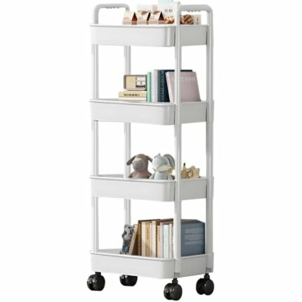 Storage Trolley Cart, 4-Tier Storage Rolling Utility Cart on Wheels, Mobile Storage Shelving Organizer for Kitchen, Bathroom, Bedroom, Office, La