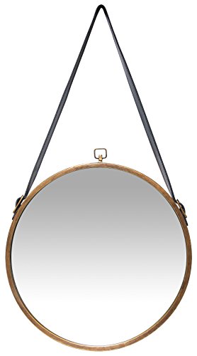 Infinity Instruments Farmhouse Round Hanging Wall Mirror with Leather Strap, 16-inches, Brass