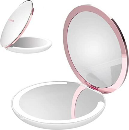 Kostlich LED Lighted Compact Makeup Mirror for Travel, Rechargeable, 1X/7X Magnifying - Large 127mm Wide Portable Mirror for Handbag