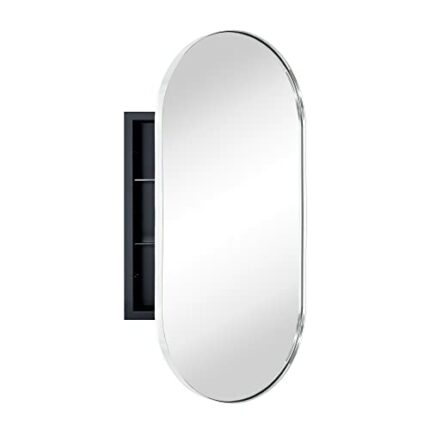 EGHOME Chrome Oval Recessed Bathroom Medicine Cabinet with Mirror Stainless Steel Metal Framed Oblong Pill Shaped Bathroom Cabinet with Mirror 16