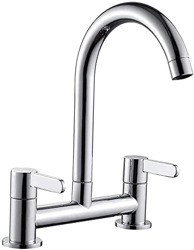 Kitchen Sink Mixer Taps, 2 Hole Kitchen Faucet, 360° Swivel Spout Dual Lever Sink Mixer Tap, Deck Mounted Kitchen Taps, Cold and Hot Mixer Tap, S