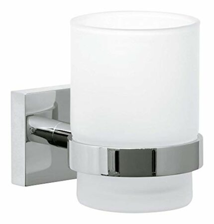 tesa EKKRO Toothbrush and Toothpaste Holder - No Drill Wall Mounted Satined Cup with Chrome-Plated Holder, Stainless - Waterproof - Includes Remo
