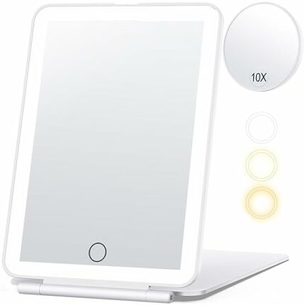 Travel Makeup Mirror with 10X Magnifying Mirror, Vanity Mirror with 80LEDs, 3 Color Lighting, Rechargeable 2000mAh Batteries, Portable Ultra Slim