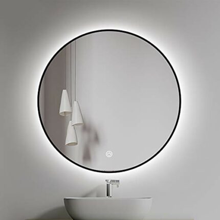SkiPdr round Bathroom Mirror with Illuminated Led Dimmable and Aluminum Alloy Frame, Wall Mounted Makeup Shaving Size: Φ60/70/80Cm, Black FrameLe