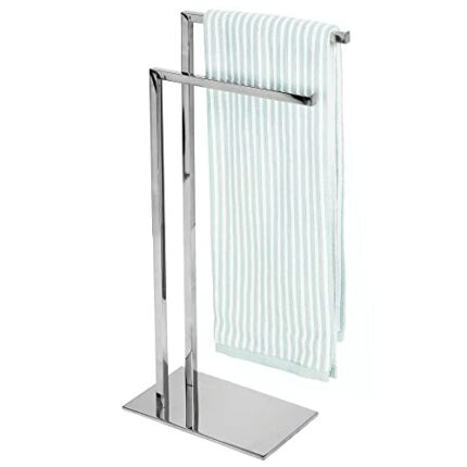 mDesign Tall Modern Stainless Steel Towel Rack Holder - 2 Tier Organizer for Bathroom Storage and Organization Next to Tub or Shower, Holds Bath