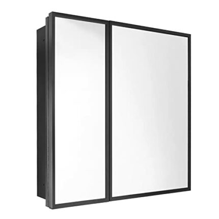 Movo 30 Inch x 27 Inch Black Farmhouse Medicine Cabinet with Miroor Metal Framed Recessed or Surface Bathroom Rectangle Tilting Beveled Vanity Mi