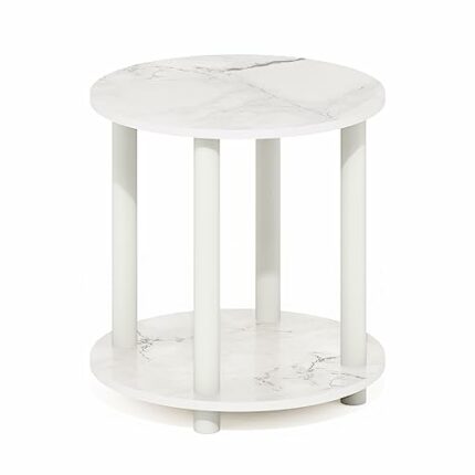Furinno Turn-N-Tube 2-Tier Round Wooden End Table, Marble White
