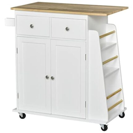 SLNFXC Rolling Kitchen Island Storage Trolley Cart With 3-Tier Spice Rack & Rubber Wood Top For Dining Room White