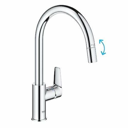 GROHE Start Edge QuickFix – extendable Kitchen tap Mixer with Pull-Out Function (High C-spout, 360° Swivel Area, 28 mm Ceramic Cartridge, Tail 3/