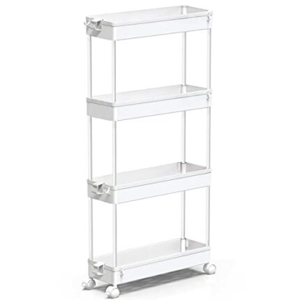 SPACEKEEPER Storage Trolley 4-Tier Slim Storage Cart Slide Out Rolling Utility Organizer Cart Mobile Shelving Unit for Kitchen Bathroom Laundry O