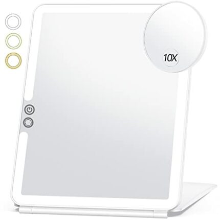 Large Travel Makeup Mirror with 10X Magnifying Mirror, Travel Lighted Makeup Mirror, 3 Color Lighting, Rechargeable 2000mAh Batteries, Portable U