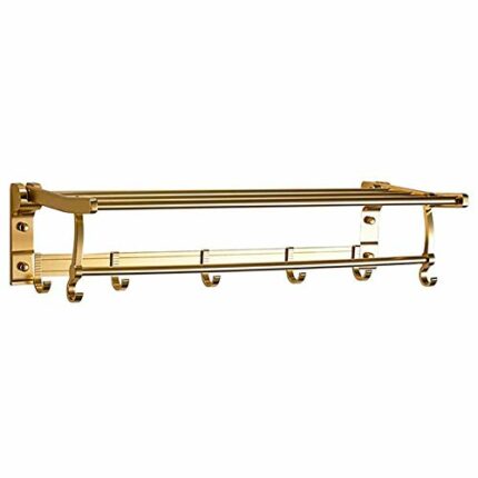 Towel Rack Bathroom Towel Rail Foldable Aluminum Storage Rack Wall Mounted Rustproof Double Layer Towel Bars with 7 Hook Drilling Installation