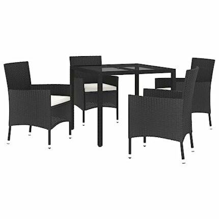 vidaXL Garden Dining Set 5 Piece, Table and Chairs with Cushions, Outdoor Lounge Set for Patio, Dinner Table Set, Modern Style, Black Poly Rattan