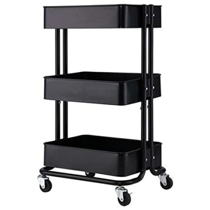MIAOHY 3 Tier Rolling Cart With Wheels Metal Utility Cart Storage Organizer Trolley Cart For Kitchen Bathroom (Color : Svart, Size : 1pcs)