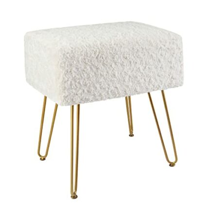 TOUCH-RICH Modern Mink Square Footstool Ottoman,Rose Pattern Furry Faux Fur Vanity Stool Chair with Metal Legs,Comfy Entryway Ottoman Bench,Stool