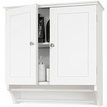 3imothrix Bathroom Wall Cabinet with 2 Door Adjustable Shelves and Towel Bar, Over The Toilet Storage Cabinet,White Bathroom Cabinet Wall Mounted