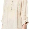 Bonateks, Buttoned Tunisian Collar Blouse with Front Pockets, 100% Linen, UK Size: 10, US Size: M, Tops, Linen - Made in Italy, Beige, 6