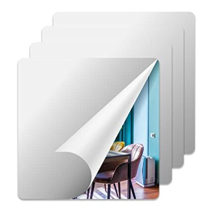 Quanyuchang 4 Pieces Removable Acrylic Mirror 8" x 8" Mirror Tiles 3D Self Adhesive Mirror Wall Decor Flexible Mirror Sheets Sticker Decal Square