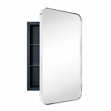 EGHOME Chrome Rectangle Recessed Bathroom Medicine Cabinet with Mirror Stainless Steel Metal Framed Rounded Rectangular Bathroom Cabinet with Mir