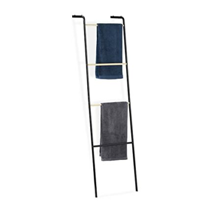 Relaxdays Metal Towel Ladder Rack, 4 Rungs for Washcloths & Clothes, Compact, HxWxD 160x40x26 cm, Black, iron, One Item