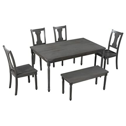 DINGZZ 6 Piece Classic Dining Table 1 Wooden Table + 4 Chairs + 1 Kitchen Dining Bench Grey