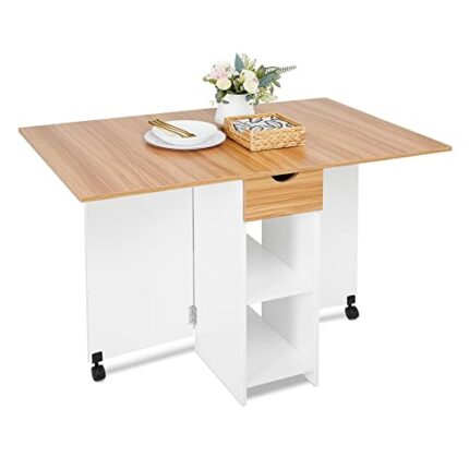 Mondeer Mobile Folding Dining Table, Drop Leaf Table with 1 Drawer and 2 Open Storage Shelves for Small Space Dining Room Kitchen, White (White &