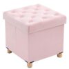 BRIAN & DANY Folding Storage Ottoman with Wood Legs, Velvet Footstools Cube for Living Room and Bedroom, 40x 40x 40 cm, Pink