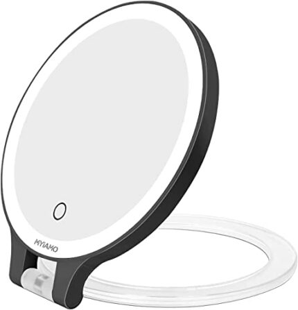 Double Sided Makeup Mirror with Magnification and Lights, 1X/10X Rechargeable Lighted Vanity Mirror with 3 Color Lighting Modes Adjustable LED Ta