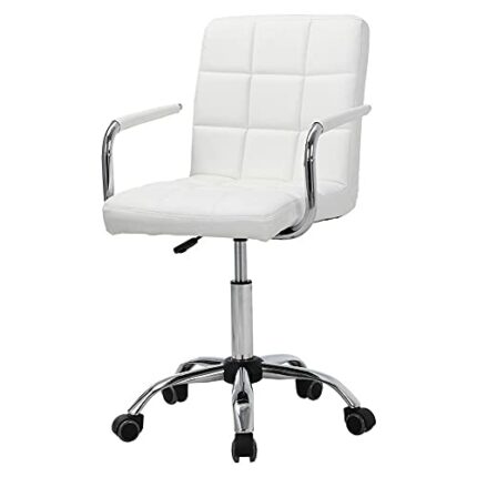 Height Adjustable Swivel Office Chair With Armrest,PU Leather Padded Computer Desk Chair for Home Office Study（White）