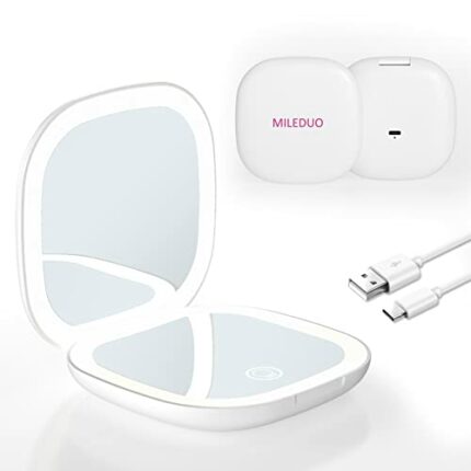 MILEDUO Travel Mirror with Light,1x/10x Compact Magnifying Mirror,Handheld 2-Sided Pocket Mirror,3.5in Compact Mirror Led Small Makeup Mirrorfor