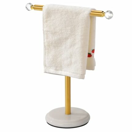 Noonext Gold Hand Towel Holder Stand with Crystal Knobs, Countertop Towel Stand, T-Shape Hand Towel Rack Stand for Bathroom