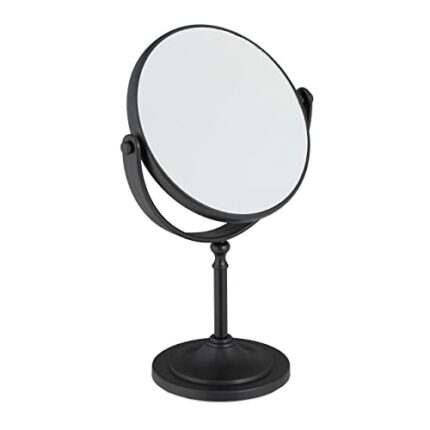 Relaxdays Makeup Mirror, 2x Magnification, Double-Sided, Swivels 360°, Round, Standing, HxWxD: 27.5x18x10.5 cm, Black, 60% plastic 30% glass 10%