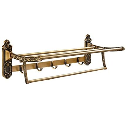 TBIIEXFL Aluminum Foldable Antique Brass Bath Towel Rack Active Bathroom Towel Holder Double Towel Shelf With Hooks Bathroom Accessories