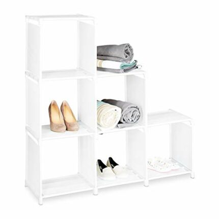 Relaxdays Step Shelf with 6 Compartments, Size: 109 x 106 x 30 cm, Simple Plug-In Assembly, Room Divider and Ladder Bookcase, White, Fabric, 30 x
