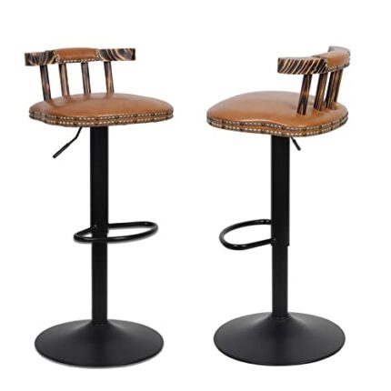 Kitchen Bar Stool Chair Set: 2 Leather Light Brown Bars Stools Breakfast Chairs Sets Adjustable Height Lift Seat Swivel Tall Wooden Barstools wit
