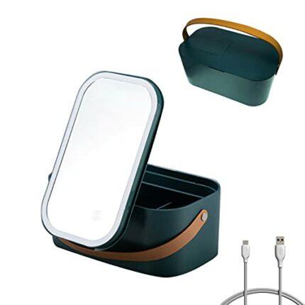 Makeup Organiser Box with LED Mirror, Portable Vanity Case, Cosmetic Storage Box with Dividers and Chargeable Mirror, Touch Switch Adjustable Bri