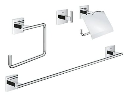 GROHE Start Cube 4-in1 Bathroom Accessories Set - Robe Hook, Towel Ring, Toilet Roll Holder, Towel Rail 558mm (Metal, with Screws and Dowels), Ex
