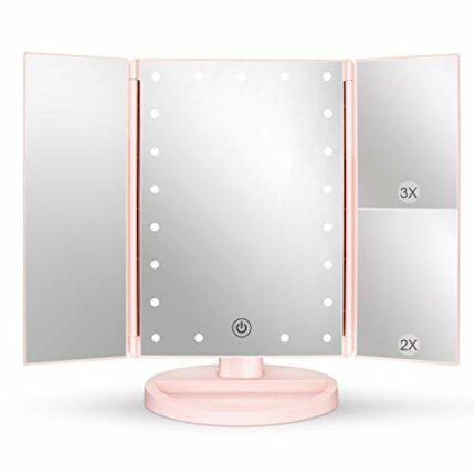 deweisn Tabletop Mount Tri-Fold Lighted Vanity Mirror with 21 LED Lights, Touch Screen and 3X/2X/1X Magnification, Two Power Supply Modes Make Up