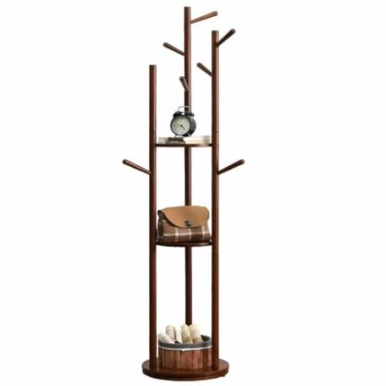 ybaymy Standing Coat Rack, Rotary Wood Coat Rack Stand with 3 Storage Shelves Sturdy base and 9 Hooks, Coat Rack for Corridors, Living Rooms, and