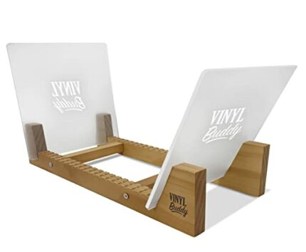 Vinyl Buddy, Vinyl Record Storage for 50 LPs, Made from Natural Wood with Two Acrylic End Panels (Teak Finish)