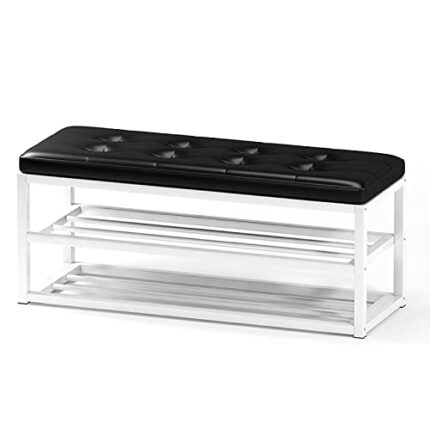 Metal Shoe Bench with Faux PU Seat, Modern Upholstered Shoe Storage Bench, 3 Tier Shoe Rack for Entryway Hallway, Metal Frame, Holds Up To 230 Lb