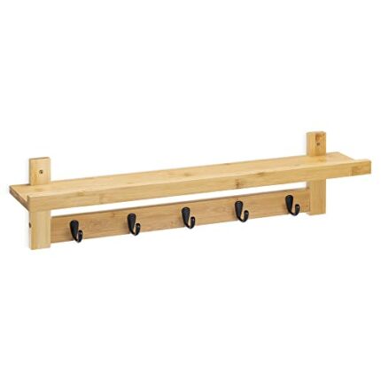 Navaris Coat Rack with Shelf - 74cm Wall Mounted Bamboo Shelf with 5 Hooks - Hanging Hook Storage for Hallway, Bedroom, Bathroom - Natural Finish