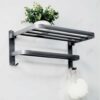 yozhch Black Towel Rail Wall Mounted Towel Rack Bathroom Towel Holder Self Adhesive Towel Rail with Shelf 90° Foldable 2 Tier Towel Bar (58cm)
