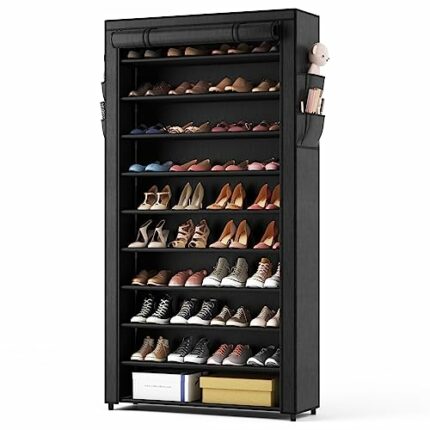 ROJASOP 10 Tier Shoe Rack with Covers,Large Capacity Stackable Tall Shoe Shelf Storage to 50-55 Pairs Shoes and Boots Sturdy Metal Free Standing