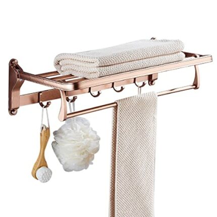 Towel Holder with Hook Towel Rack No Drilling Towel Shelf Self Adhesive Wall Mounted Foldable Space Aluminum For bathroom and toilet,Rose gold