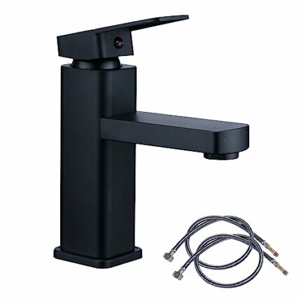 Square Basin Mixer Taps Matte Black Hot and Cold Water Countertop Basin Taps Single-Lever Bathroom Sink Mixer Taps with 80CM UK Standard Hoses