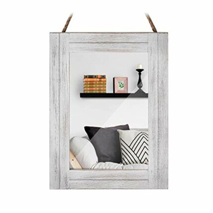 DECORKEY Rectangle Wall Mirror For Bathroom, Distressed White Wood Decor with Hanging Rope for Rustic Home Decor, Vanity, Living Room 12"×16"