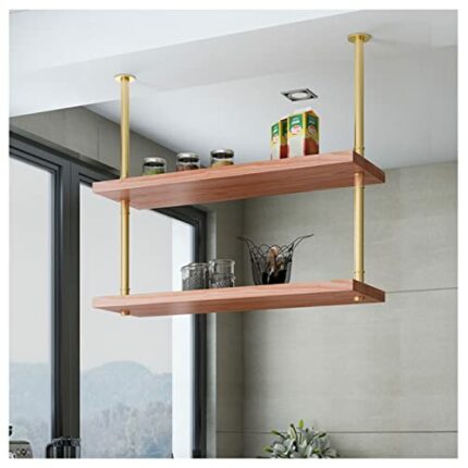 Ceiling Decoration Hanging Rack, Wrought Iron Hanging Cabinet Bar Wine Rack, Retro Style Solid Wood One-word Shelf Wall-mounted Bookshelf (Color