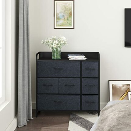 FGHOEV Dresser with 7 Drawers Chest of Drawers 3-Tier Organizer Unit with Steel Frame Wood Top Easy Pull Fabric Bins Storage Dresser