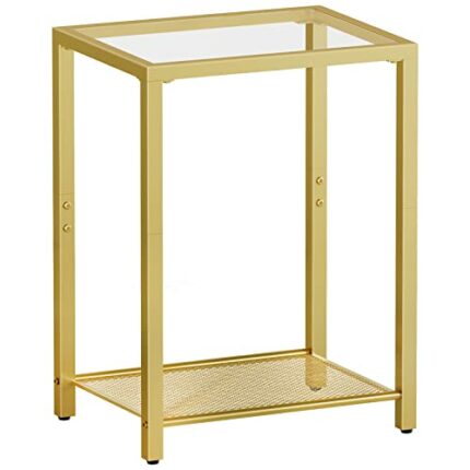 HOOBRO Gold Side Table, Bed Side Table, Tempered Glass Sofa Side Table, Small Coffee Table with Metal Mesh Shelf, 2-Tier End Table, Laptop Table